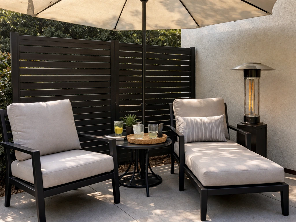 Close-up of patio seating showing an umbrella for shade, a nearby heater, and a quiet corner divider