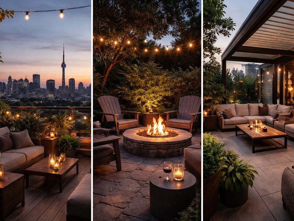 Toronto patio vibes collage: rooftop skyline, fire pit glow, and a retractable-cover terrace in one minimal banner.