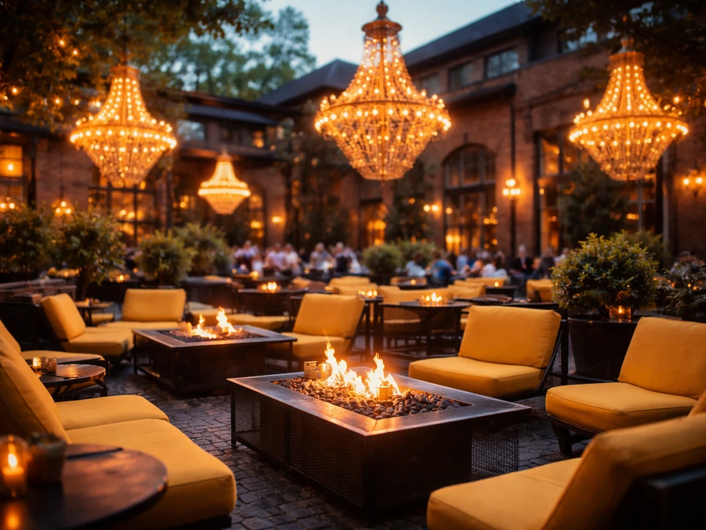 El Catrin-style patio courtyard at dusk with glowing fire pits and warm yellow outdoor chandeliers.