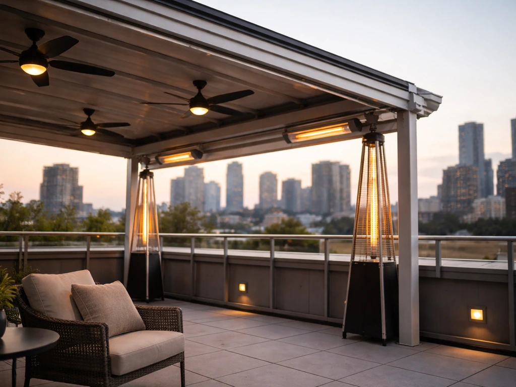 Rooftop patio on The Pilot’s Flight Deck with retractable cover, fans, and heaters under evening sky