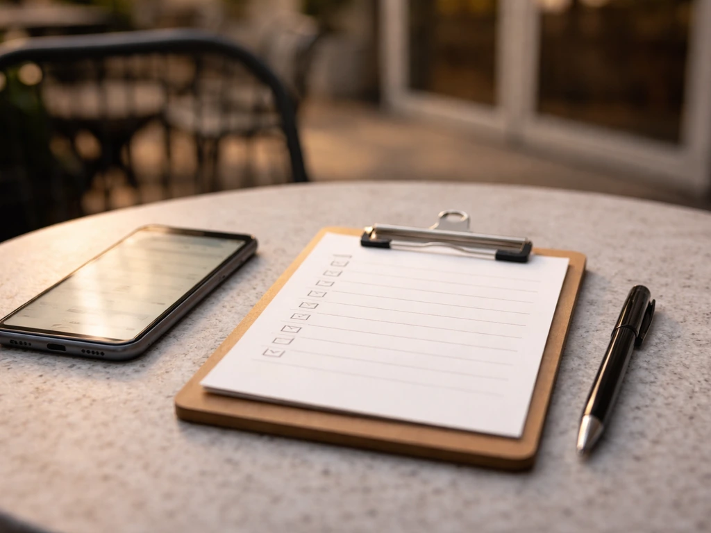 Clipboard checklist on a Toronto patio table with a blurred phone schedule, sunlit and minimal.