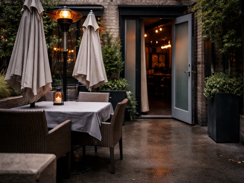Close-up of patio umbrellas and a heat lamp with an indoor entrance as a weather backup plan.