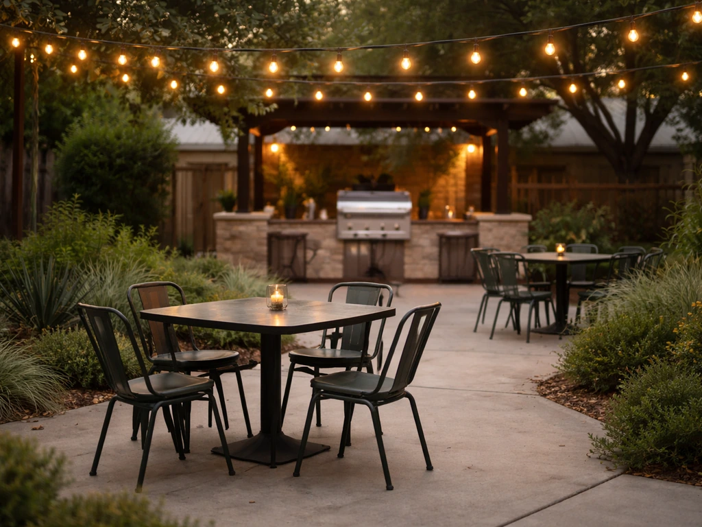 Inviting neighborhood patio grill patio in Fort Worth, Texas with warm string lights and outdoor seating