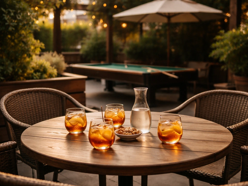 Warm-lit patio table set for happy hour with drinks and an in-use pool-table area in the background.