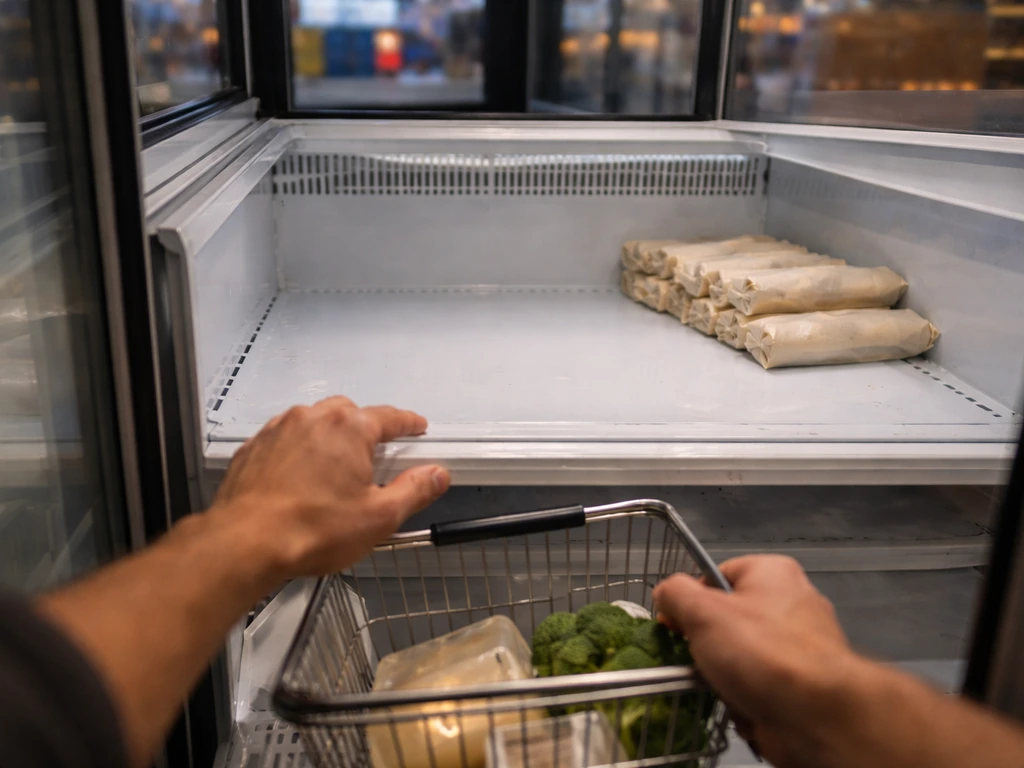 Shopper in a freezer aisle facing an empty spot where frozen burritos used to be, with similar options nearby.