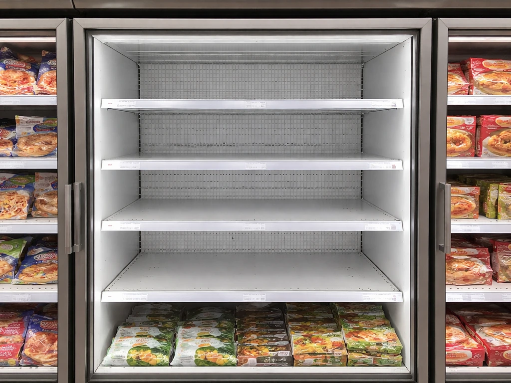 Supermarket freezer aisle with one empty product section and nearby items still stocked