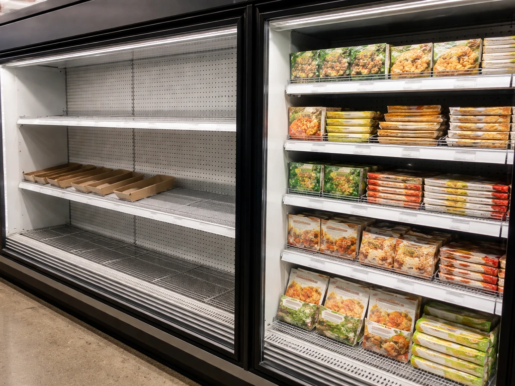 Supermarket freezer aisle showing reduced empty shelf space where Patio Burritos facings were removed.