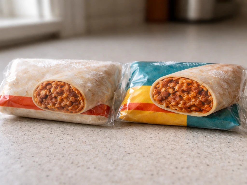 Side-by-side view of two generic frozen burrito packages suggesting renamed and reformulated options.