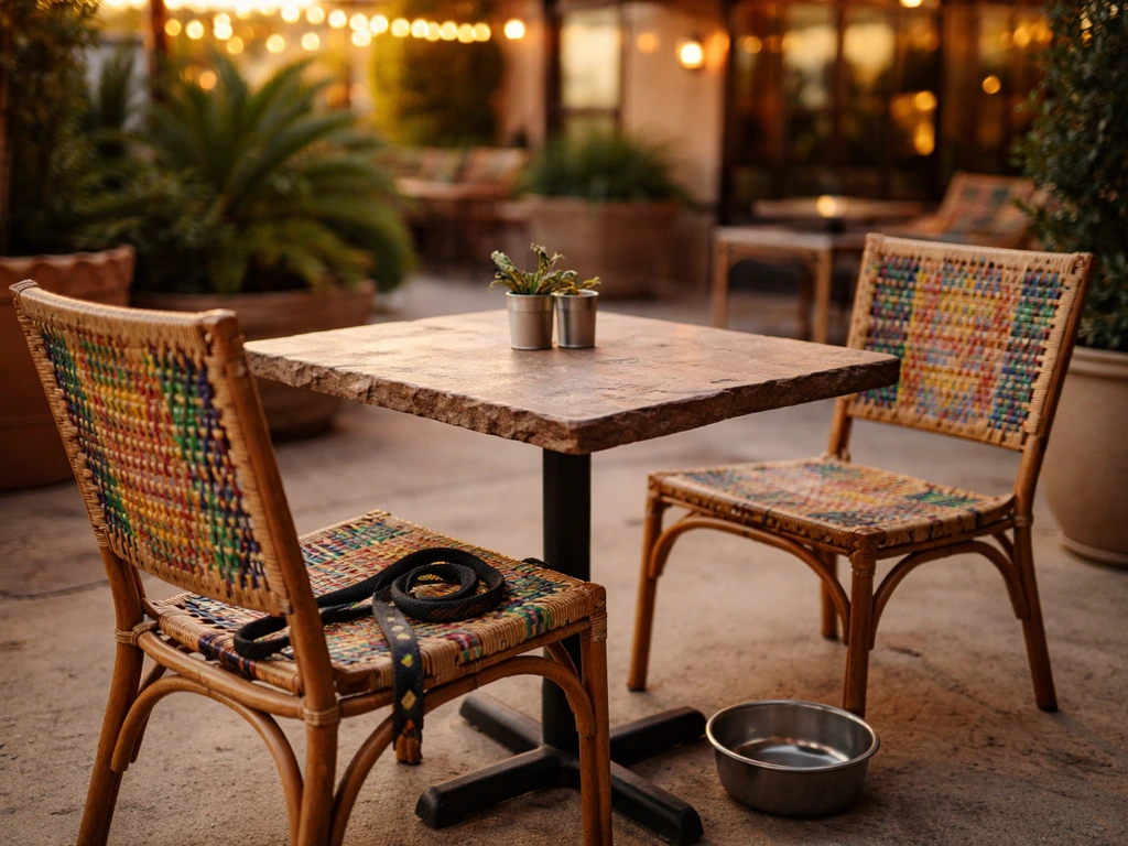 Tex-Mex patio table with an outdoor water bowl and a dog-friendly vibe, no people visible.
