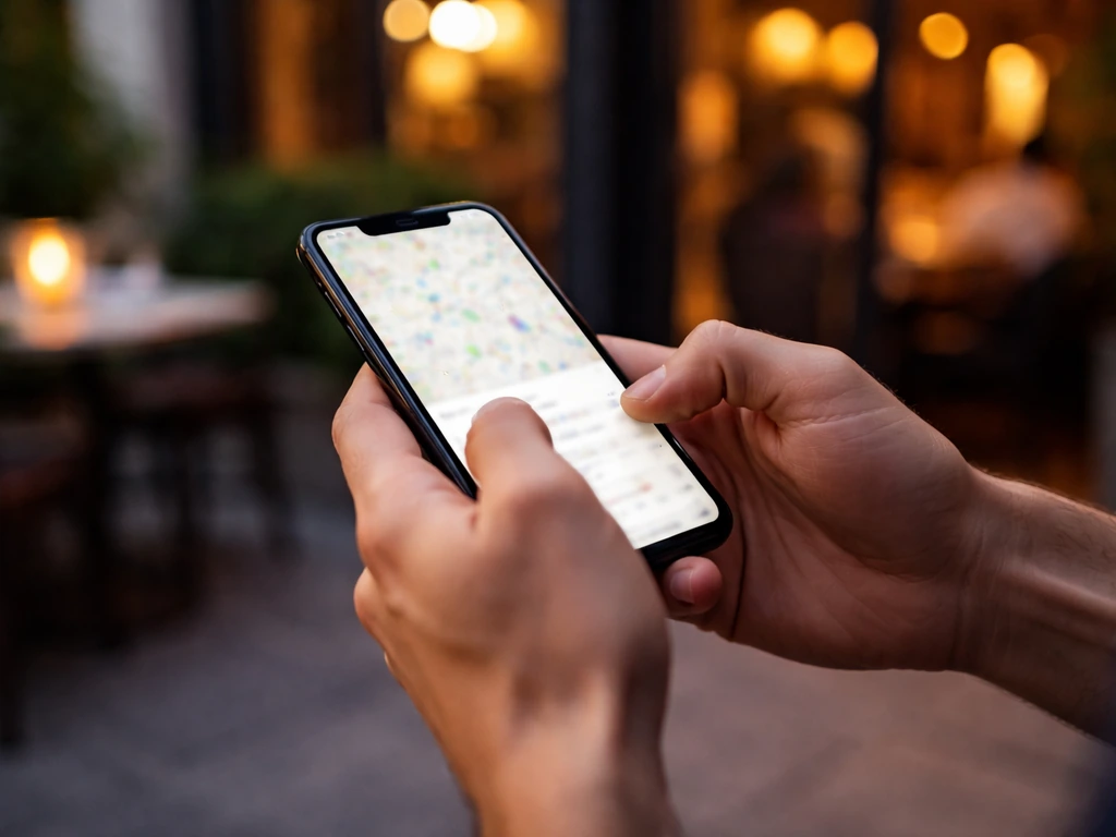 Anonymous hands holding a smartphone as they look up a specific restaurant location for a dog policy question.