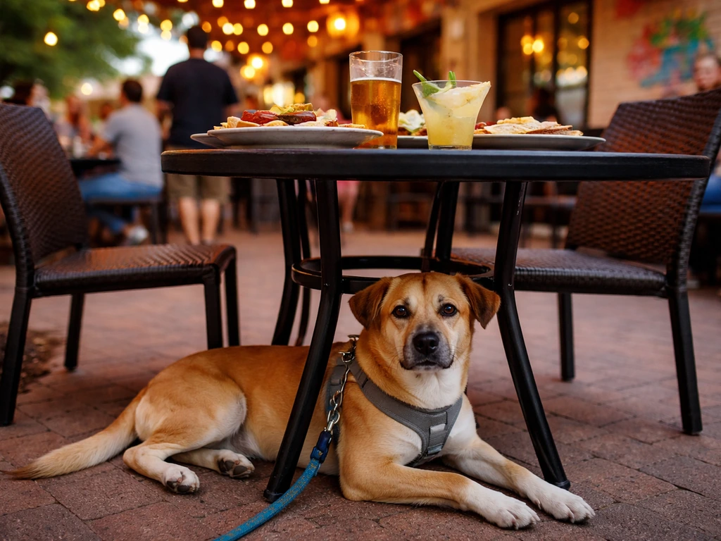 Leashed dog lying under an outdoor Tex-Mex patio table with diners softly blurred in the background.