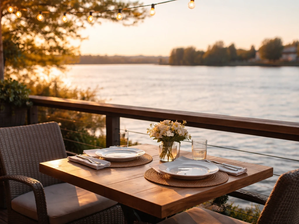 Sunny waterfront patio table dining by the Fraser River in New Westminster