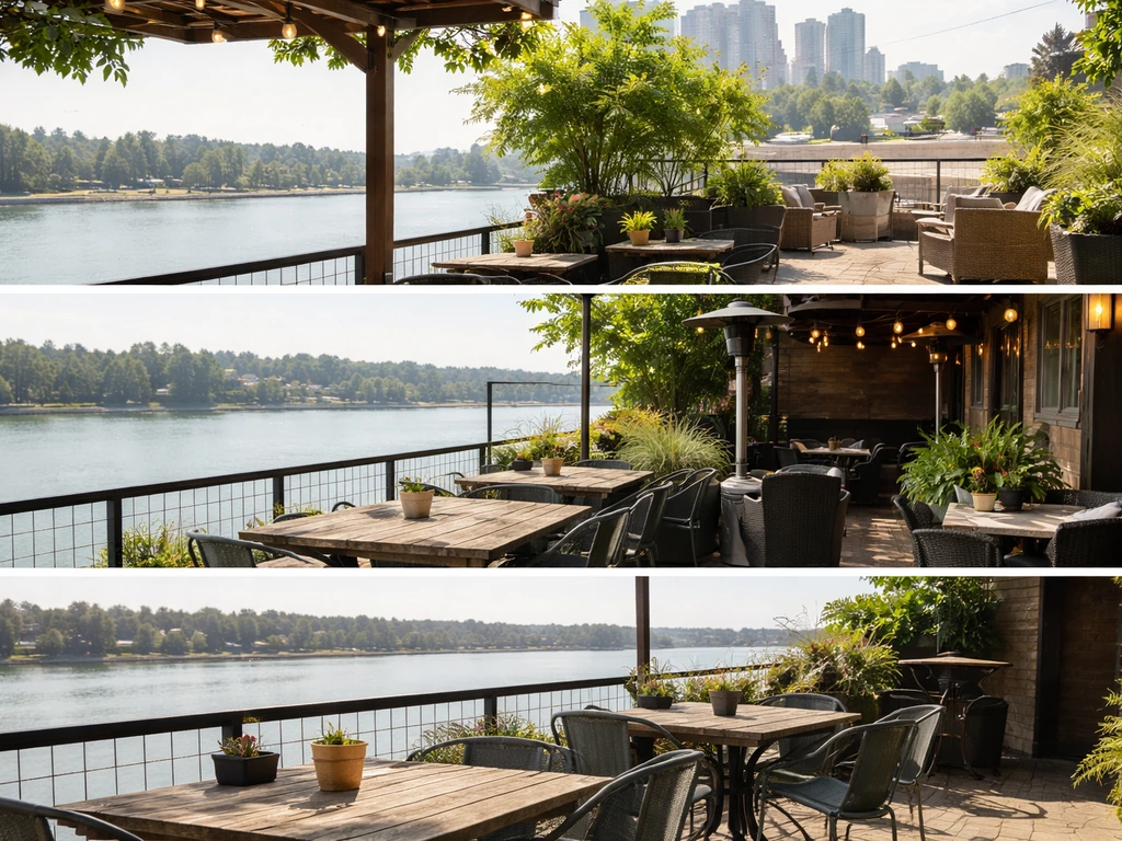 Waterfront dining patio, pub-style patio, and an uptown rooftop patio overlooking New Westminster waterfront and city.
