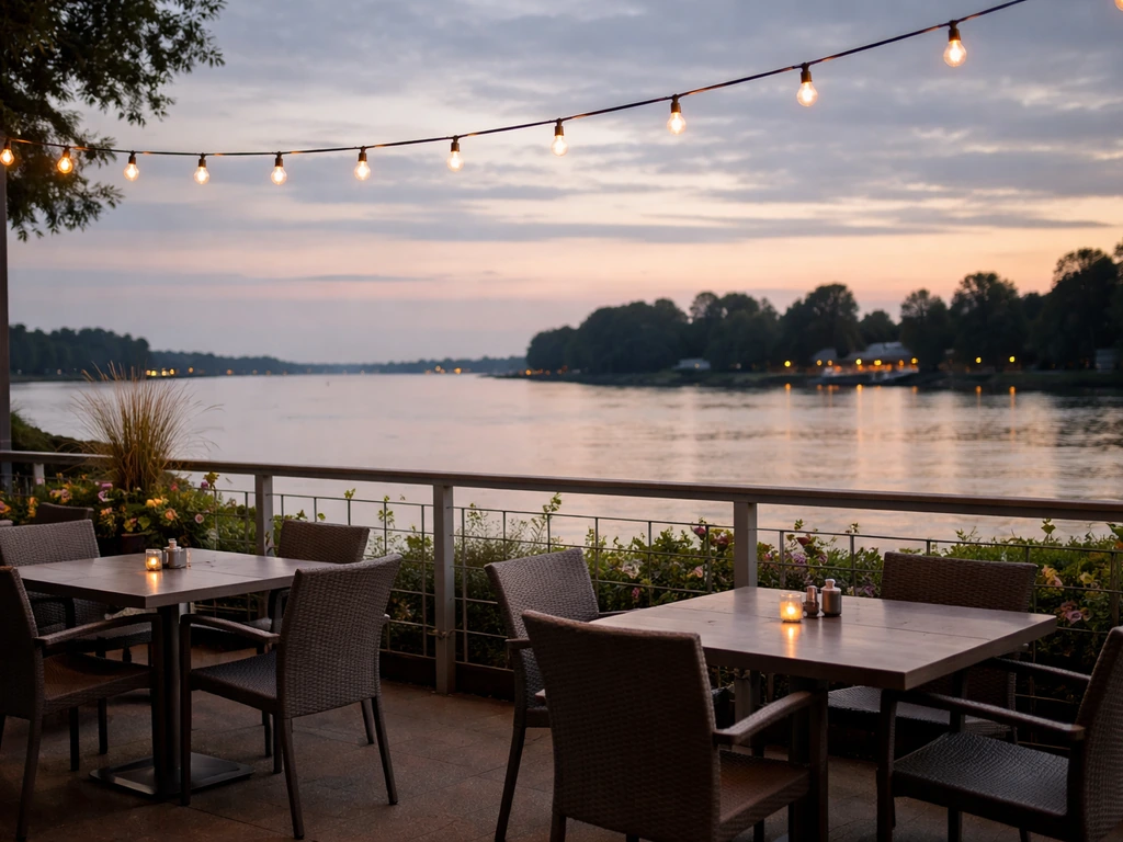 Open-air patio dining at The Boathouse overlooking the Fraser River at Quayside in New Westminster.