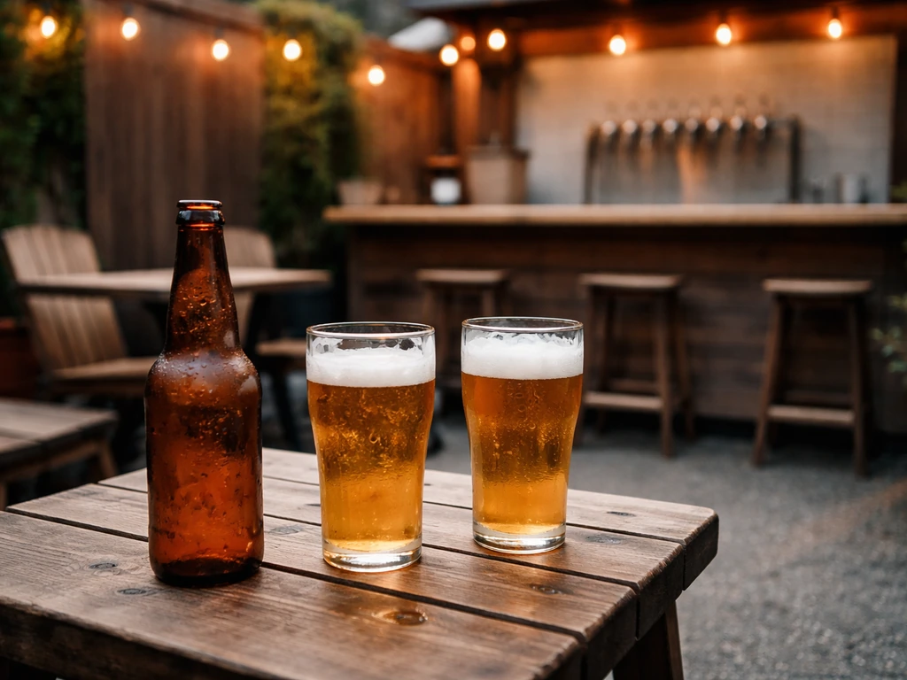 Unpretentious outdoor patio at a craft brewery with wooden bar stools and beer glasses on a small table