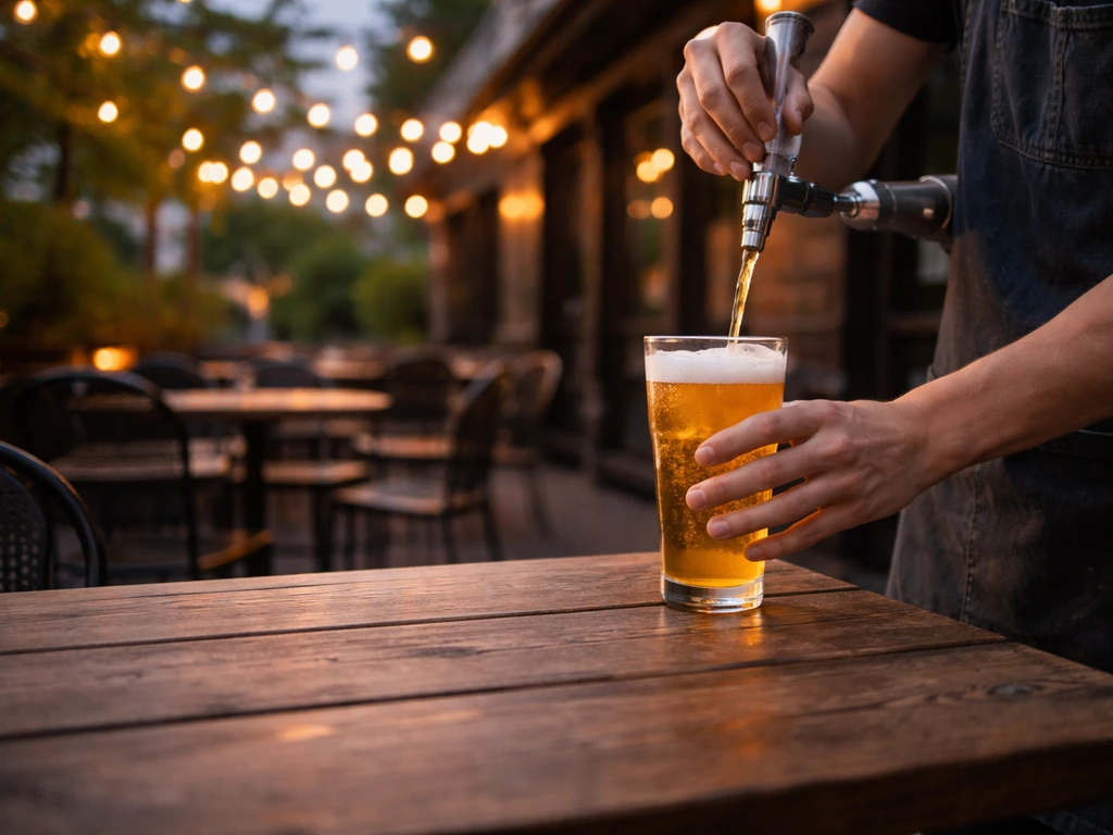 Outdoor patio at a neighborhood pub during a promotional moment with drinks and warm evening light.