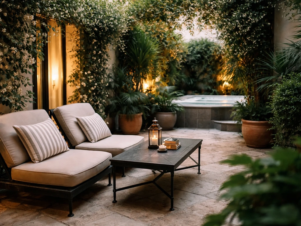 Courtyard patio garden at a Cannes boutique hotel with lounge seating and lush plants, warm natural light.