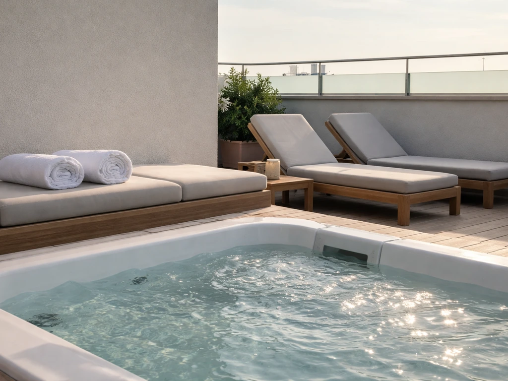 Rooftop-adjacent solarium with empty sun loungers and a shared outdoor jacuzzi in natural light.