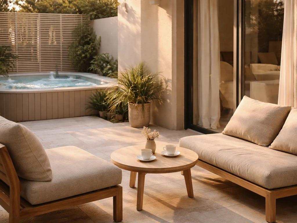 Sunlit hotel patio with a cozy seating area and a hint of a jacuzzi/spa backdrop for booking promos.