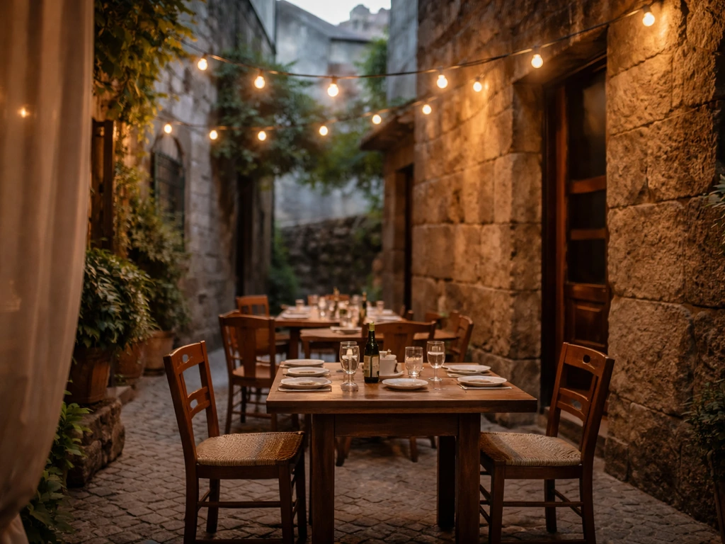 Warm evening view of Pátio do Duque-style outdoor seating in Porto with soft lights and classic petiscaria vibe.
