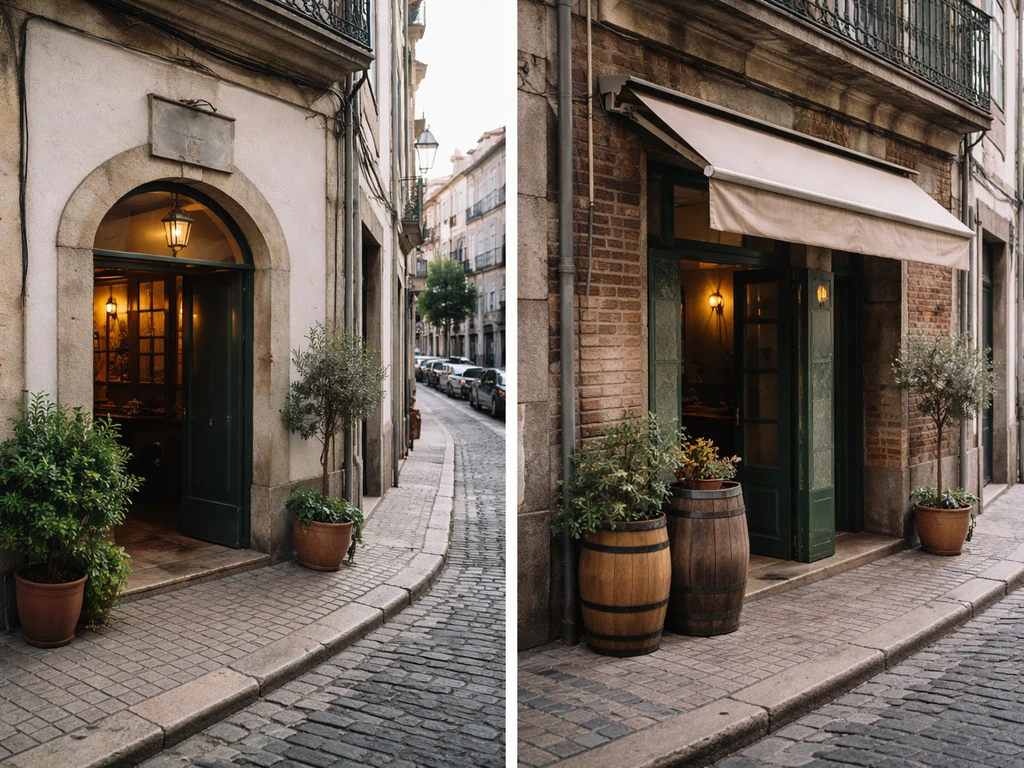 Two quiet streetfronts in Porto with distinct facade features suggesting different venues named Pátio do Duque.