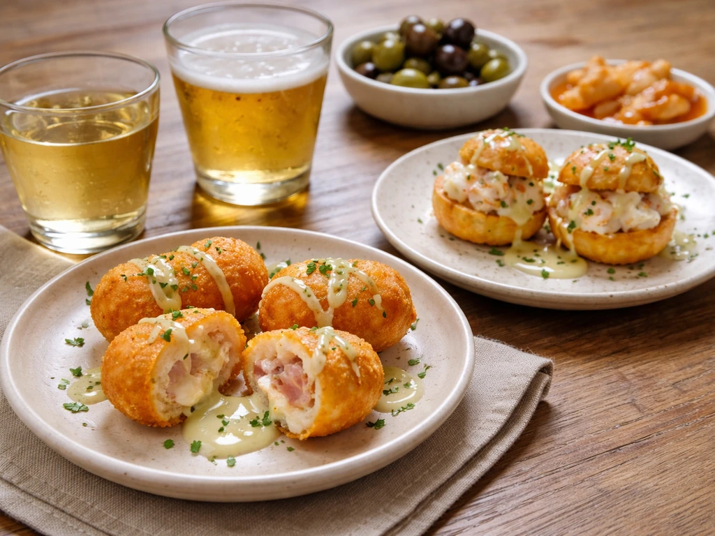 Close-up of plated Portuguese petiscaria bites and small drinks on a restaurant table