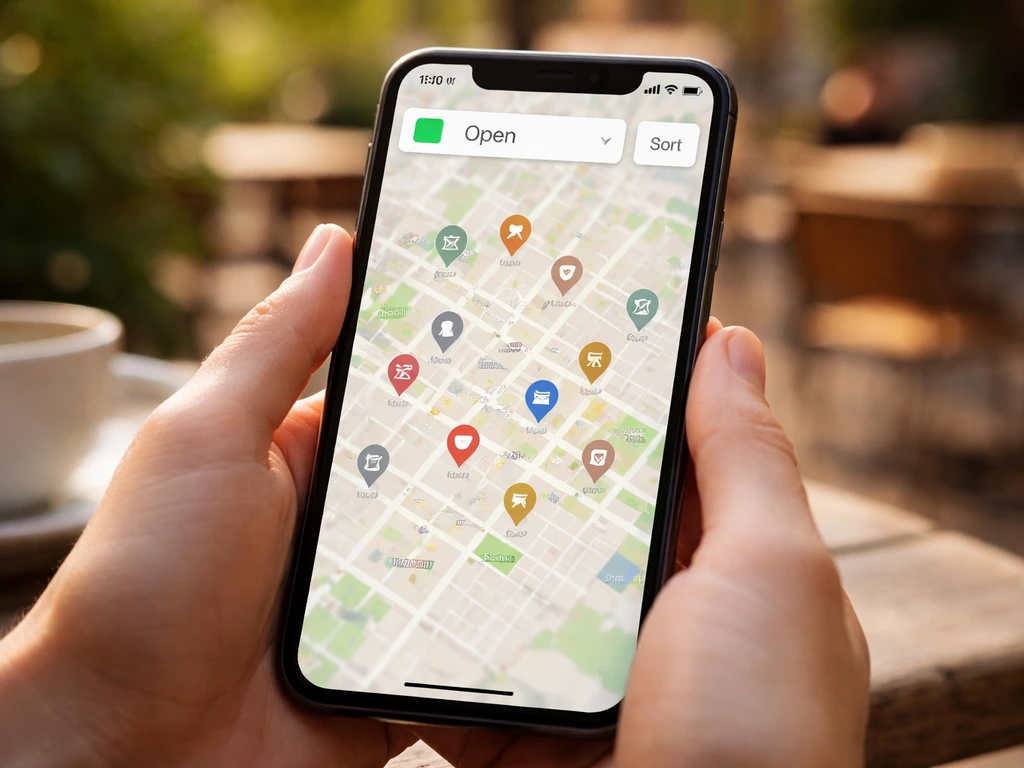 Close-up of a smartphone with a map view and venue pins, suggesting nearby patio search filters.