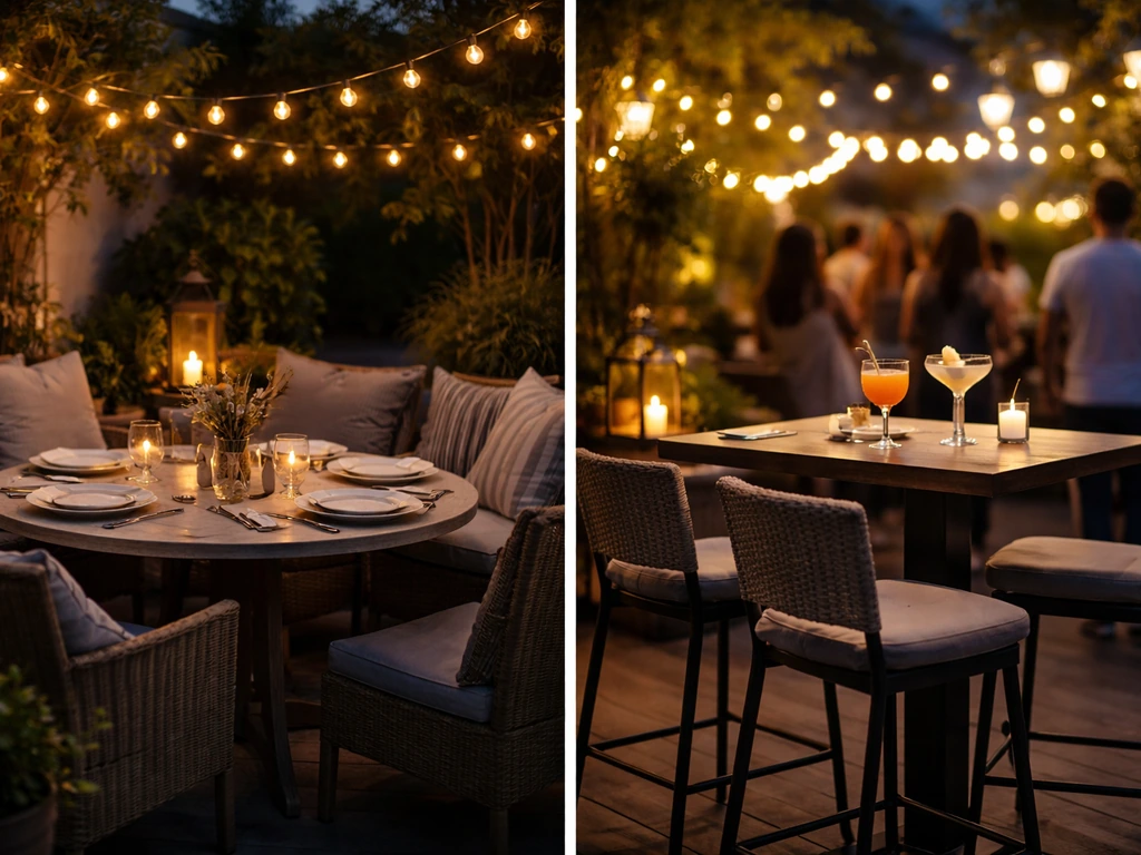 Two contrasting outdoor patio vibes—quiet dinner table on one side, energetic bar atmosphere on the other.