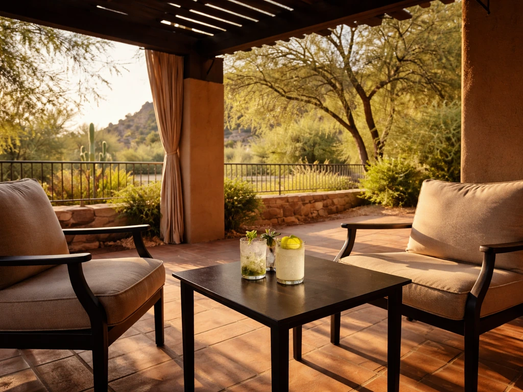Sunlit Scottsdale patio with covered seating and a couple of drinks in warm desert light