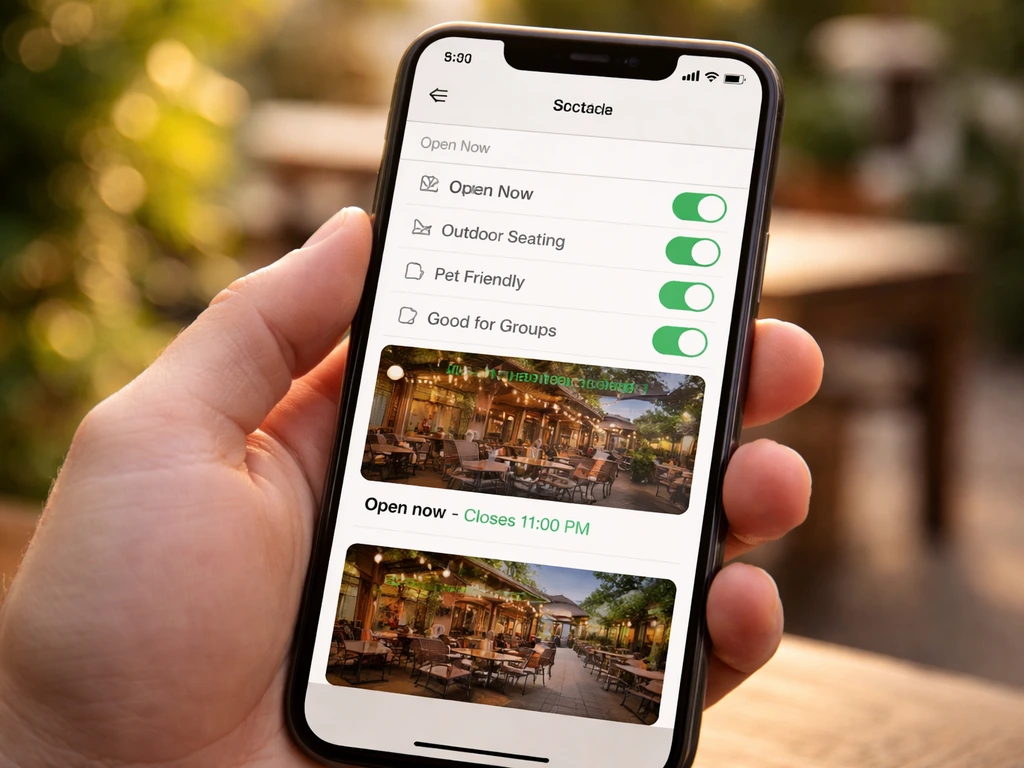 Close-up of a phone screen with Yelp/OpenTable-style filter options showing an open-now indicator