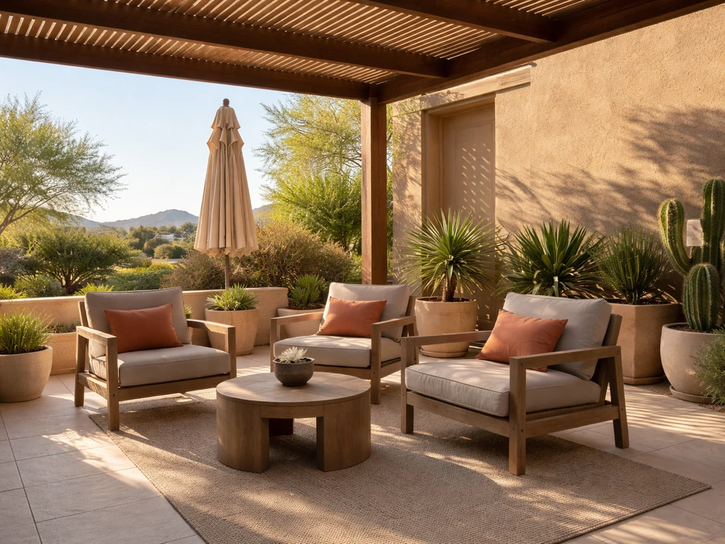 Covered patio in Scottsdale with outdoor shade canopies, umbrellas, and comfortable heat-safe seating.
