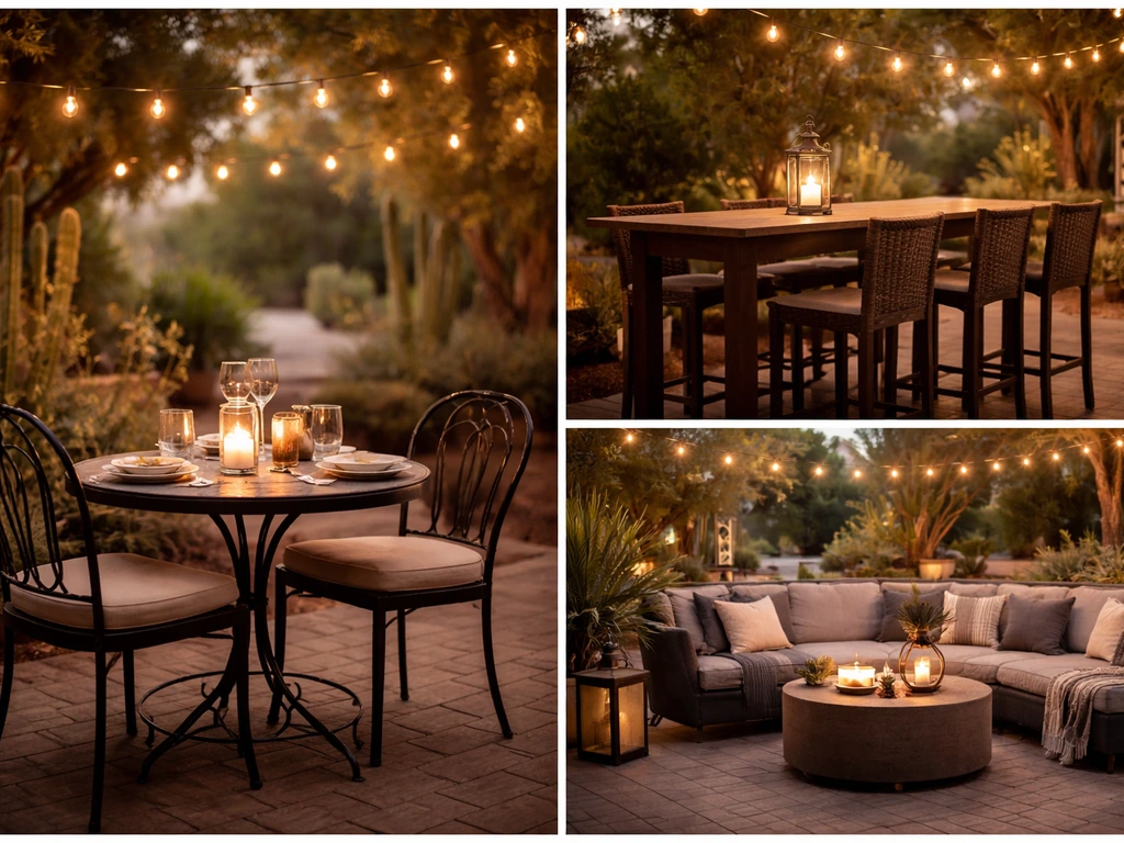 Split-scene photo of Scottsdale patio: tableside dining, bar-height communal tables, and low lounge seating.