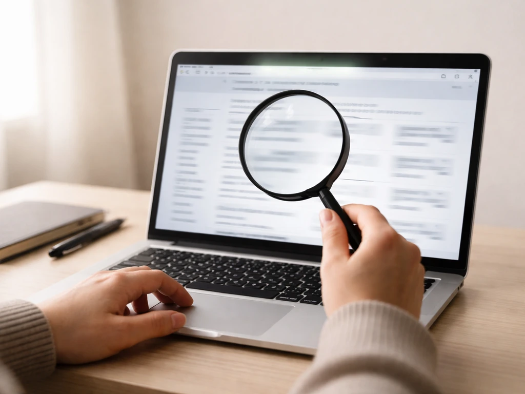 Hands using a magnifying glass to inspect a laptop with a suspicious job-listing style page.