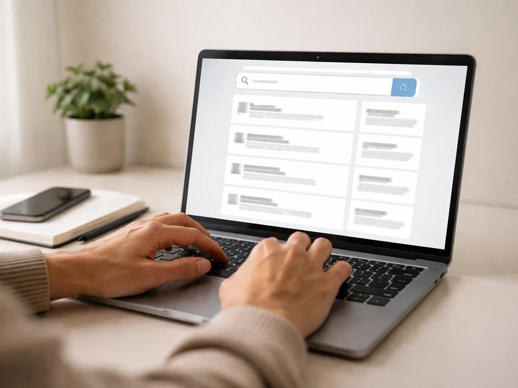 Minimal laptop mockup showing a generic job search results page with no clear venue identity details
