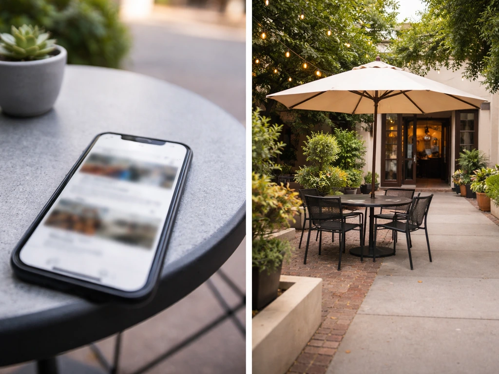 Split-screen photo showing a smartphone listing next to a quiet patio venue entrance, both unlabeled.