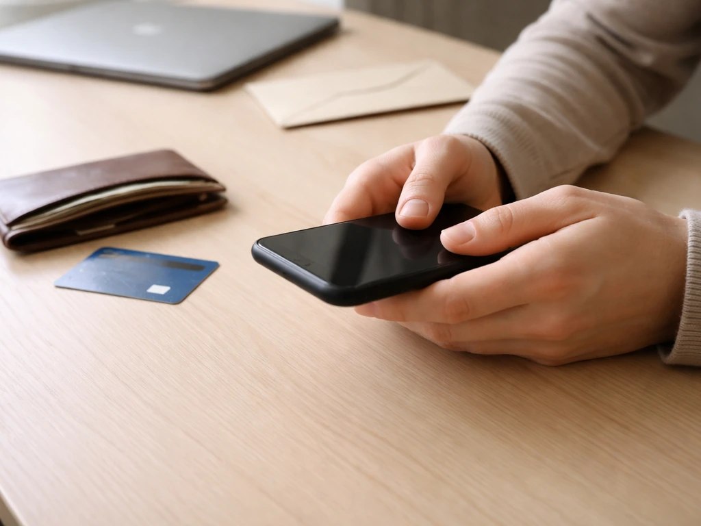 Hands on a desk with a smartphone and a bank card nearby, signaling pause before any payment.