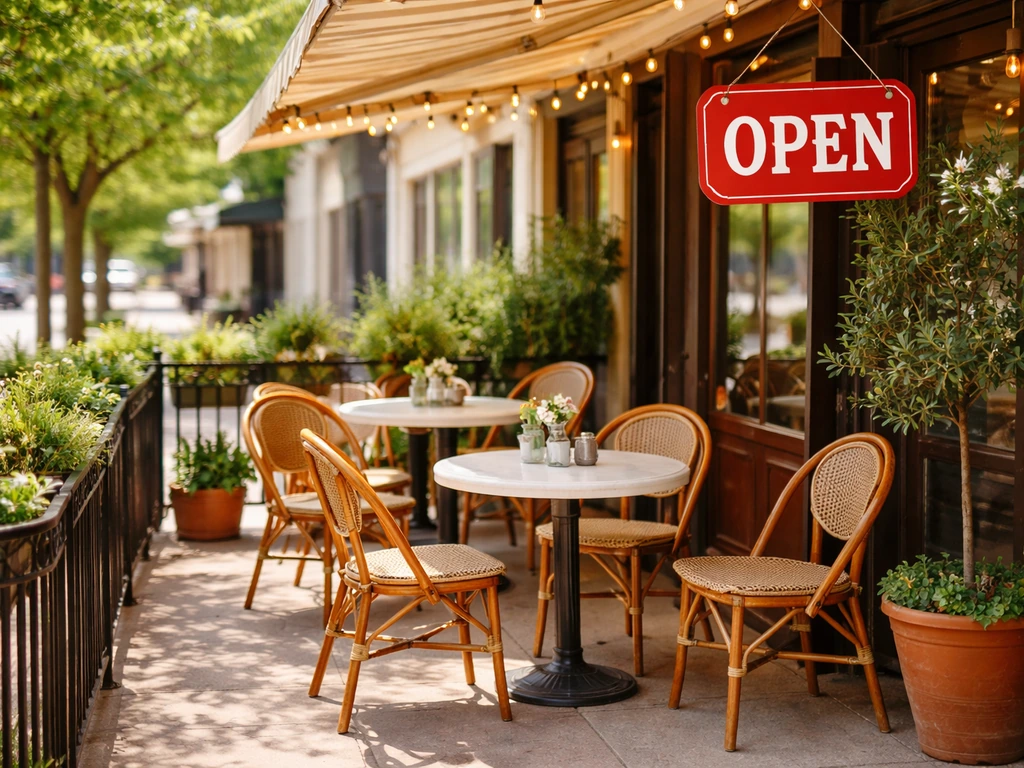 Sunlit street patio with open outdoor seating and inviting chairs, signaling patios open today.
