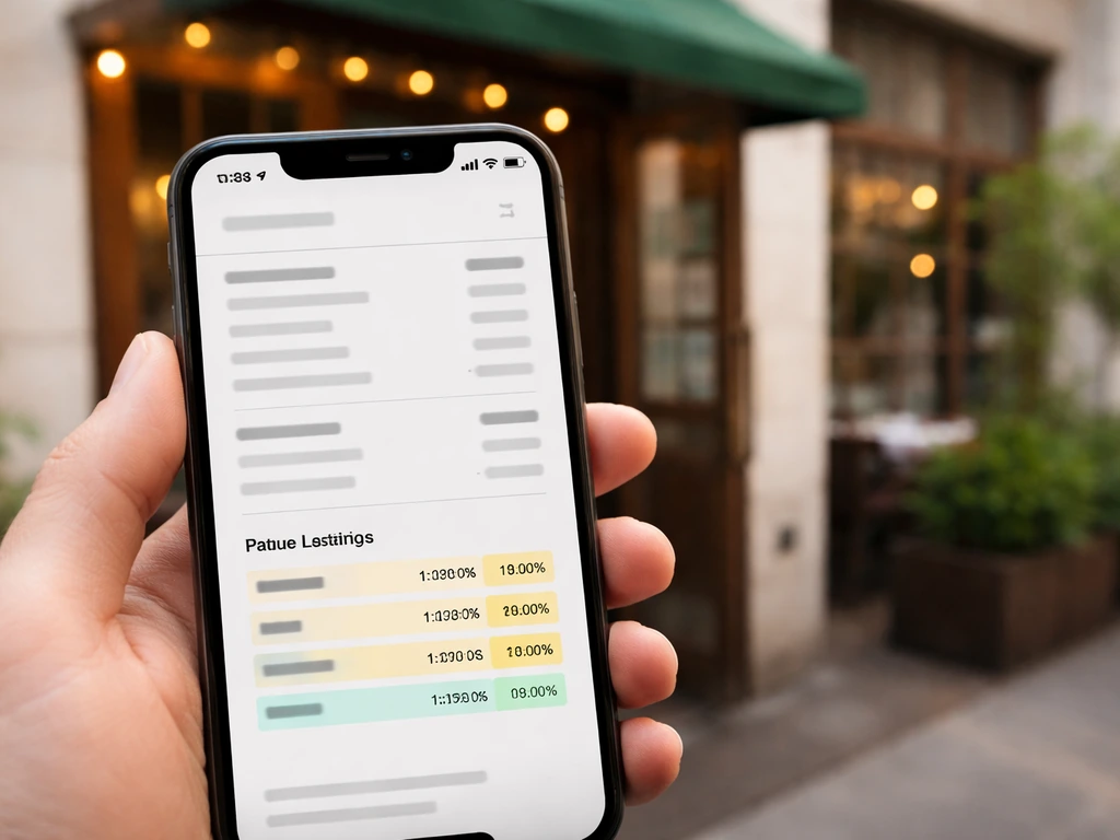Close-up photo of a smartphone showing patio hours next to a restaurant patio door/awning at street level.