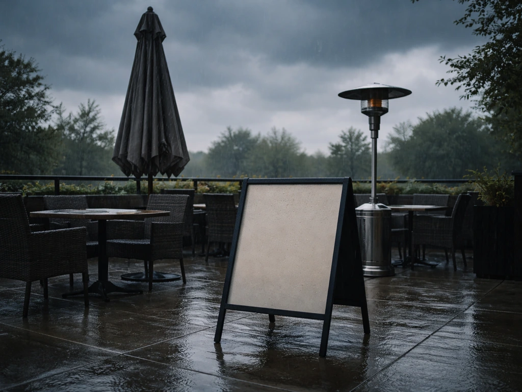 Gloomy outdoor restaurant patio with umbrellas and heater, wet ground, and a generic temporary closure sign.