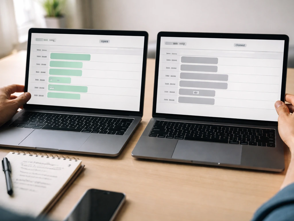 Over-the-shoulder view of a person comparing two listing screens with conflicting hours, ready to troubleshoot