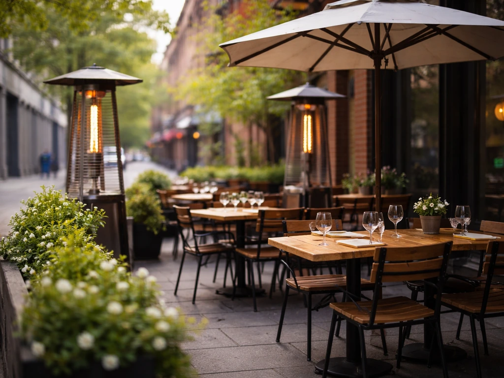 Street-level view of an Ottawa sidewalk patio with umbrellas, warm heaters, and spring greenery