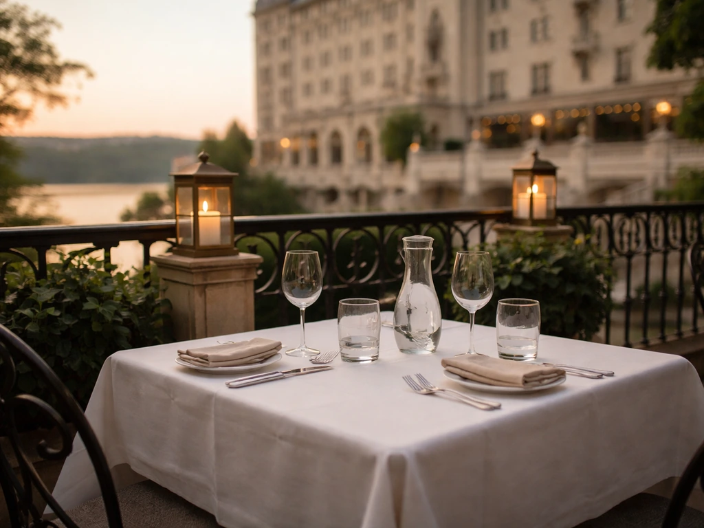 Outdoor dining on an elegant Fairmont Chateau Laurier patio with warm evening light and riverfront feel.