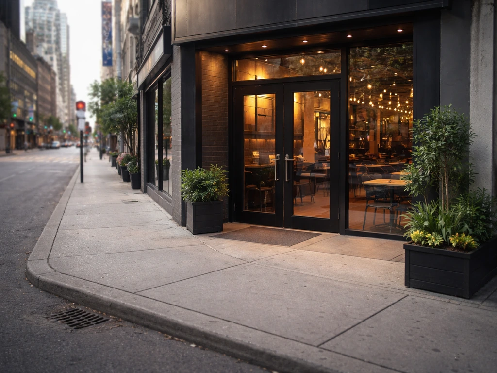 Street-level view of a Toronto restaurant entrance at 2415 Yonge St with nearby sidewalk and transit feel.
