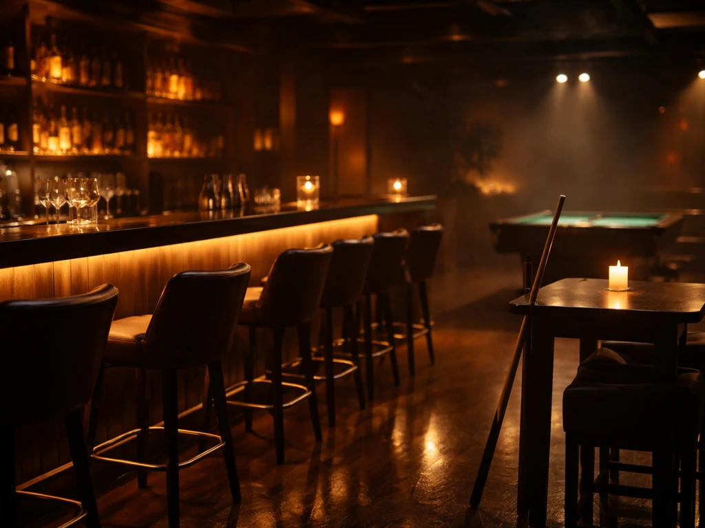 Warm, after-hours lounge-bar interior with a backlit bar and pool-style bar setup, moody ambiance