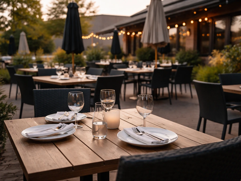 Sunlit Kanata restaurant patio with set tables, umbrellas, and warm evening ambiance for dinner and drinks.