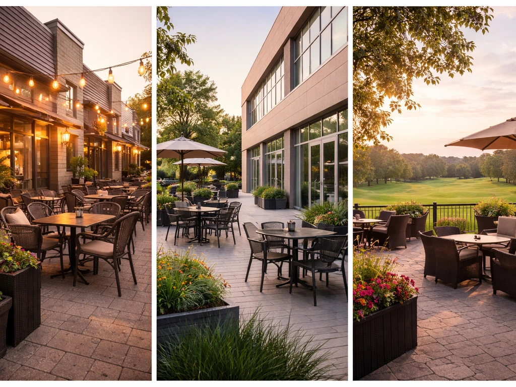 Three distinct Kanata patio settings shown side-by-side: retail strip, business park, and a golf-club patio at golden ho