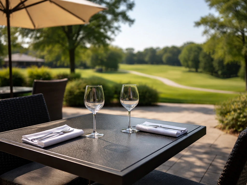 Outdoor patio dining at Ironstone Grill with scenic golf-course view in the background.