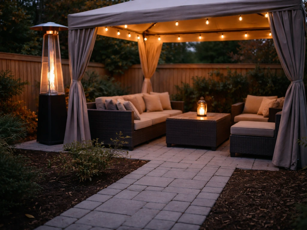 Patio heater and covered outdoor seating with a clear accessible walkway path, no people.