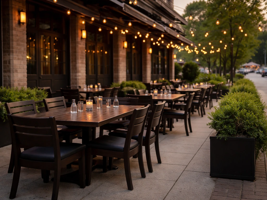Upscale outdoor patio at The Keg Steakhouse + Bar on Pinebush Road in Cambridge, Ontario