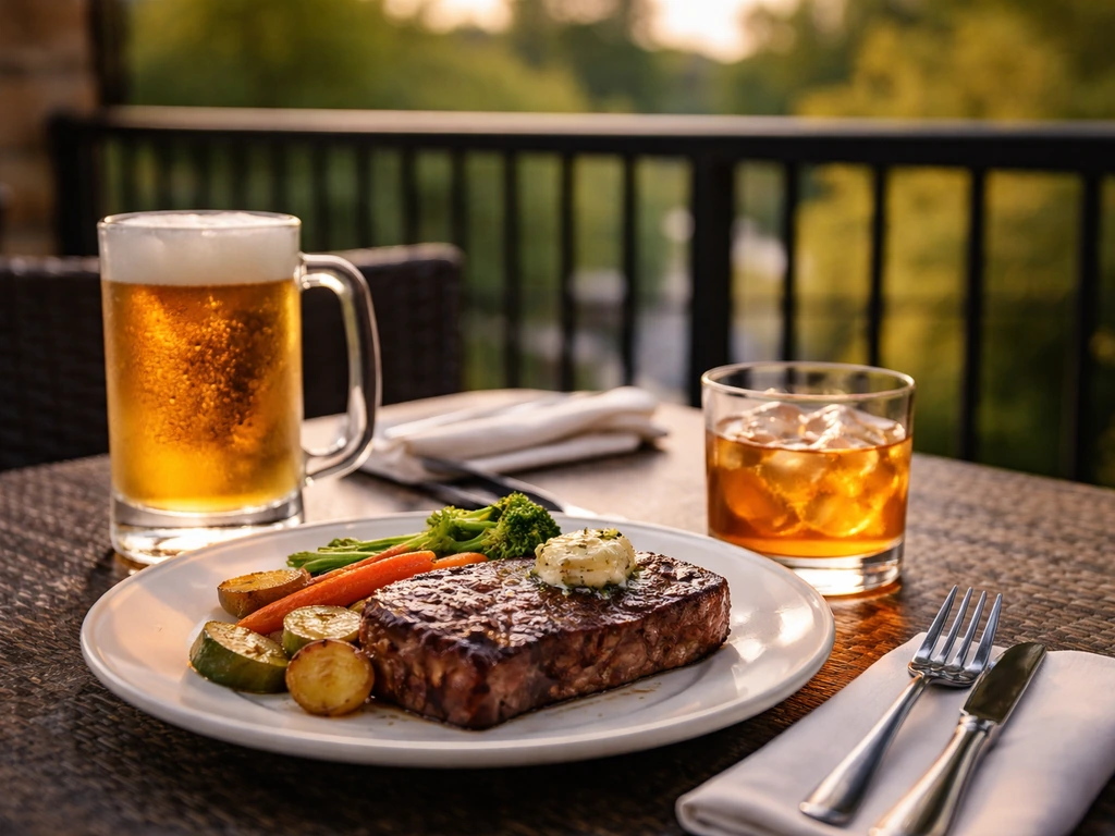 Plated steak dinner with vegetables and two drinks on an upscale restaurant patio table.